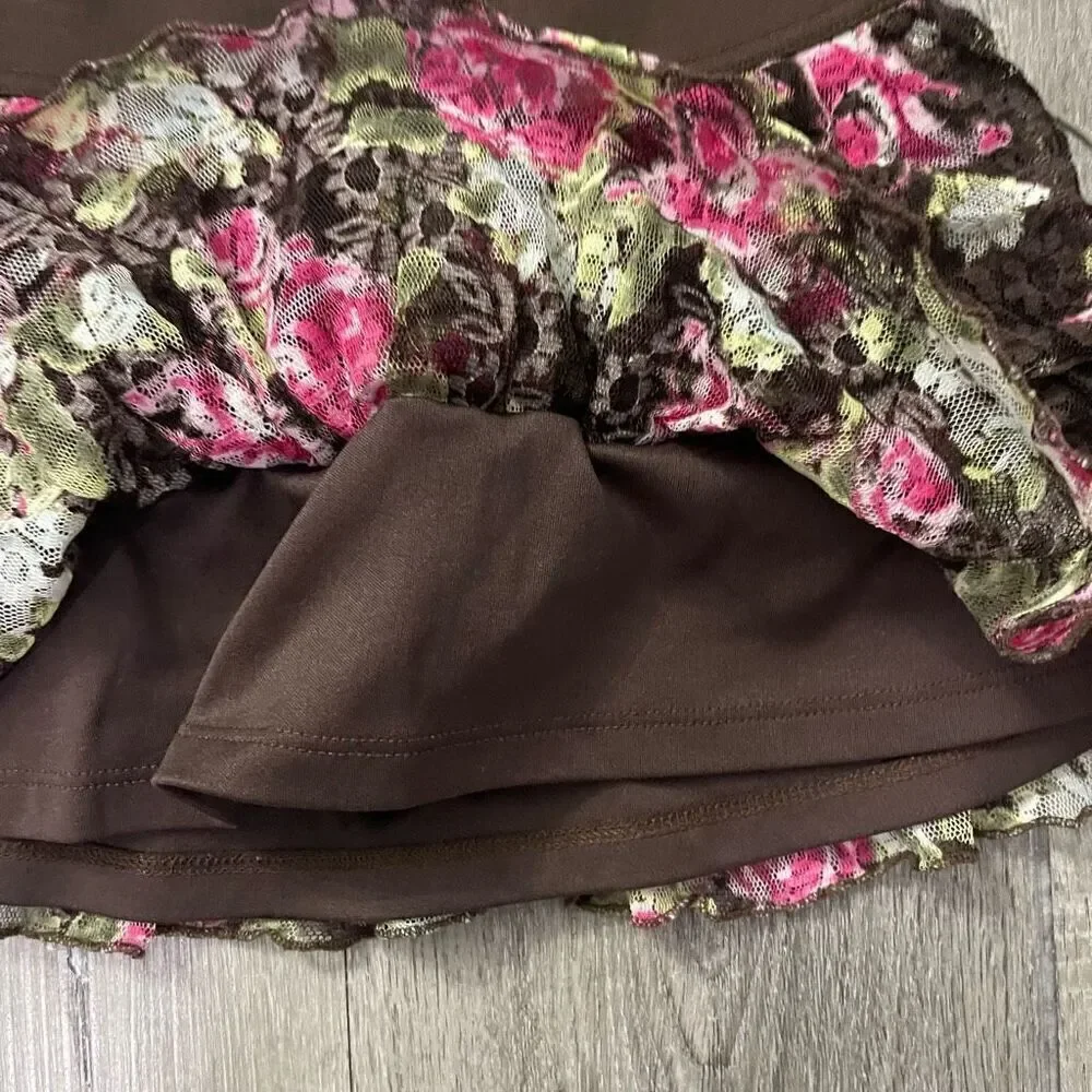 Justice Girl’s Brown Pink Floral Lace Pull-On Tiered Skater Skort Size 6